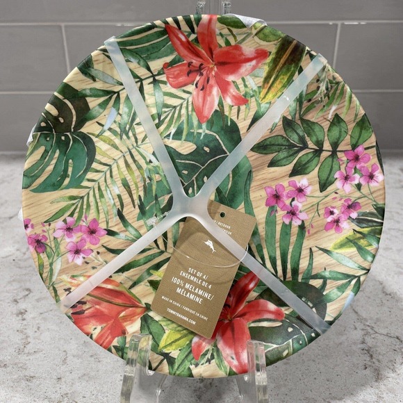 Set 4 Tommy Bahama Melamine 8” Salad Plates Tropical Floral Wood Grain plate NEW - Picture 1 of 6